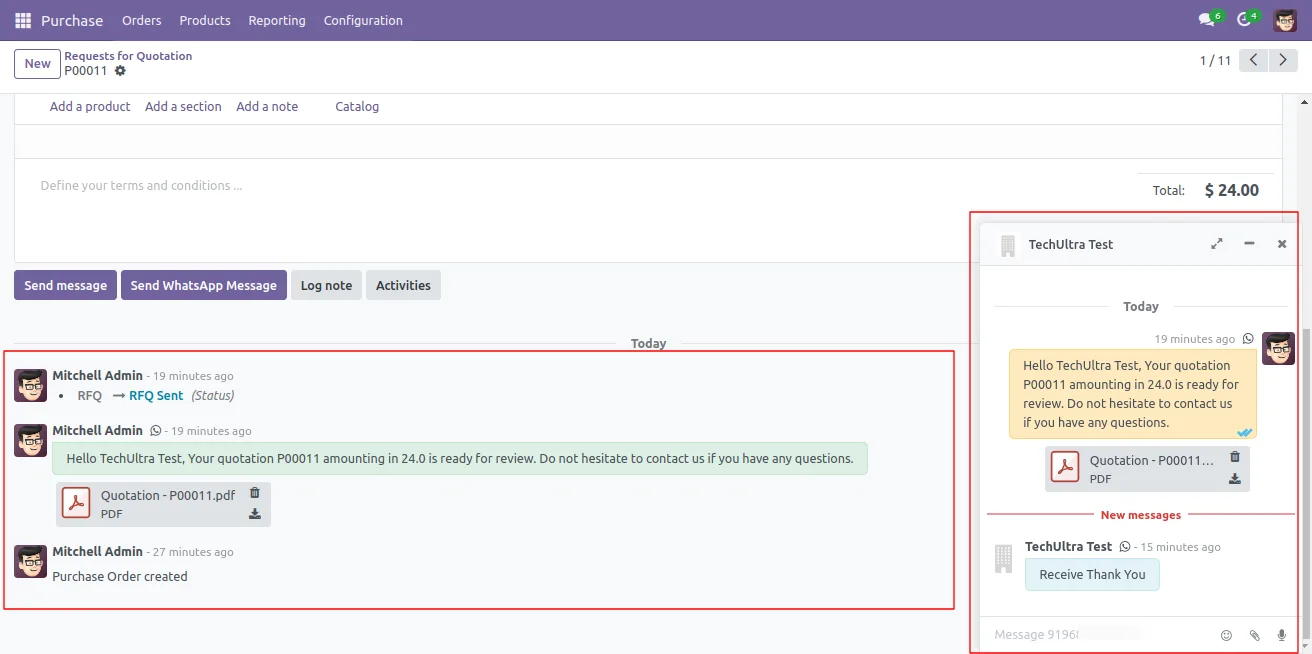 Full WhatsApp procurement conversation captured on an Odoo PO