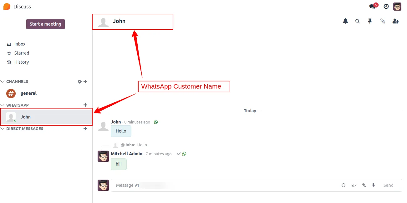 A WhatsApp browser push notification fired from Odoo in Chrome