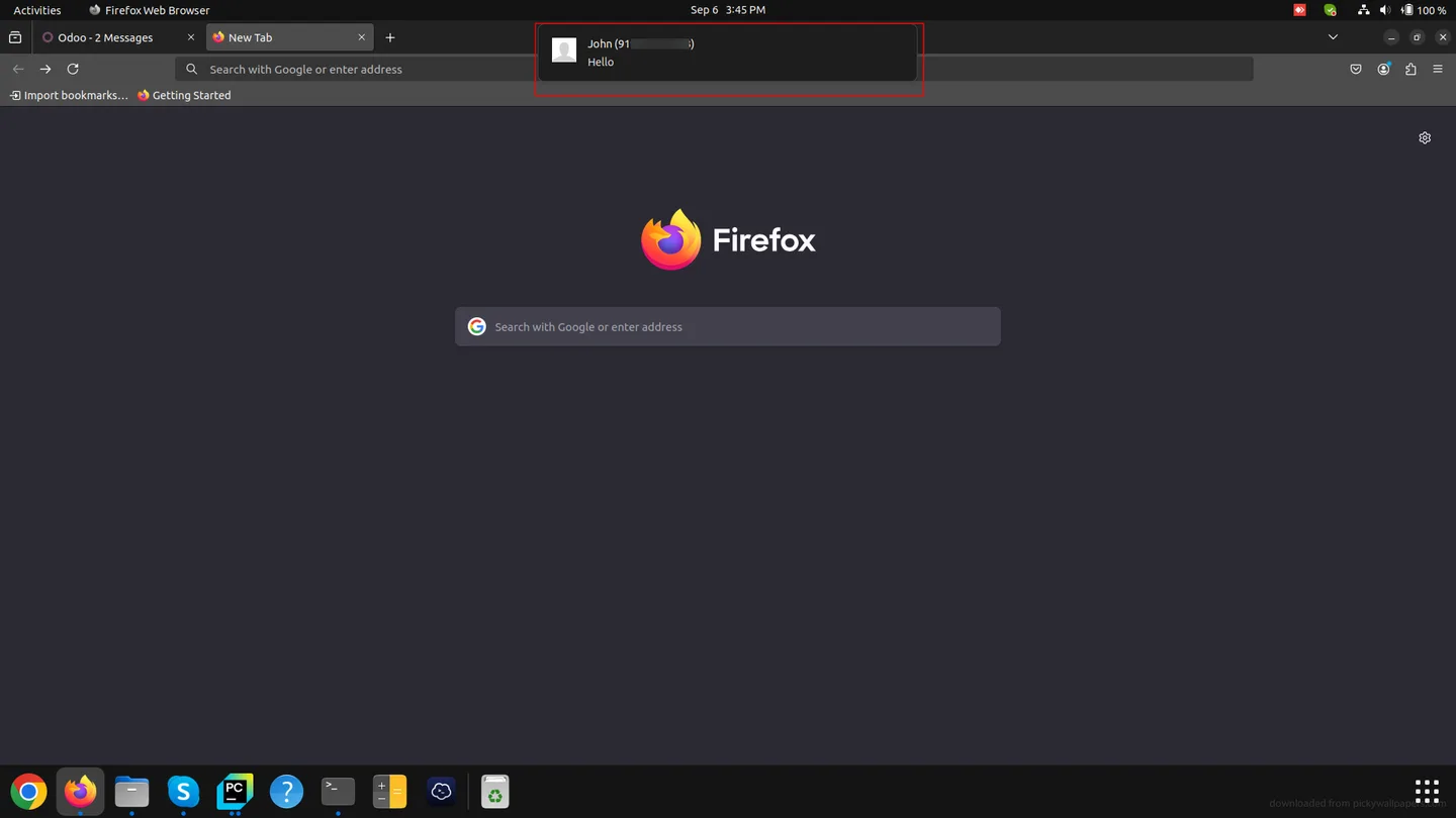 A WhatsApp push notification delivered in Mozilla Firefox from Odoo