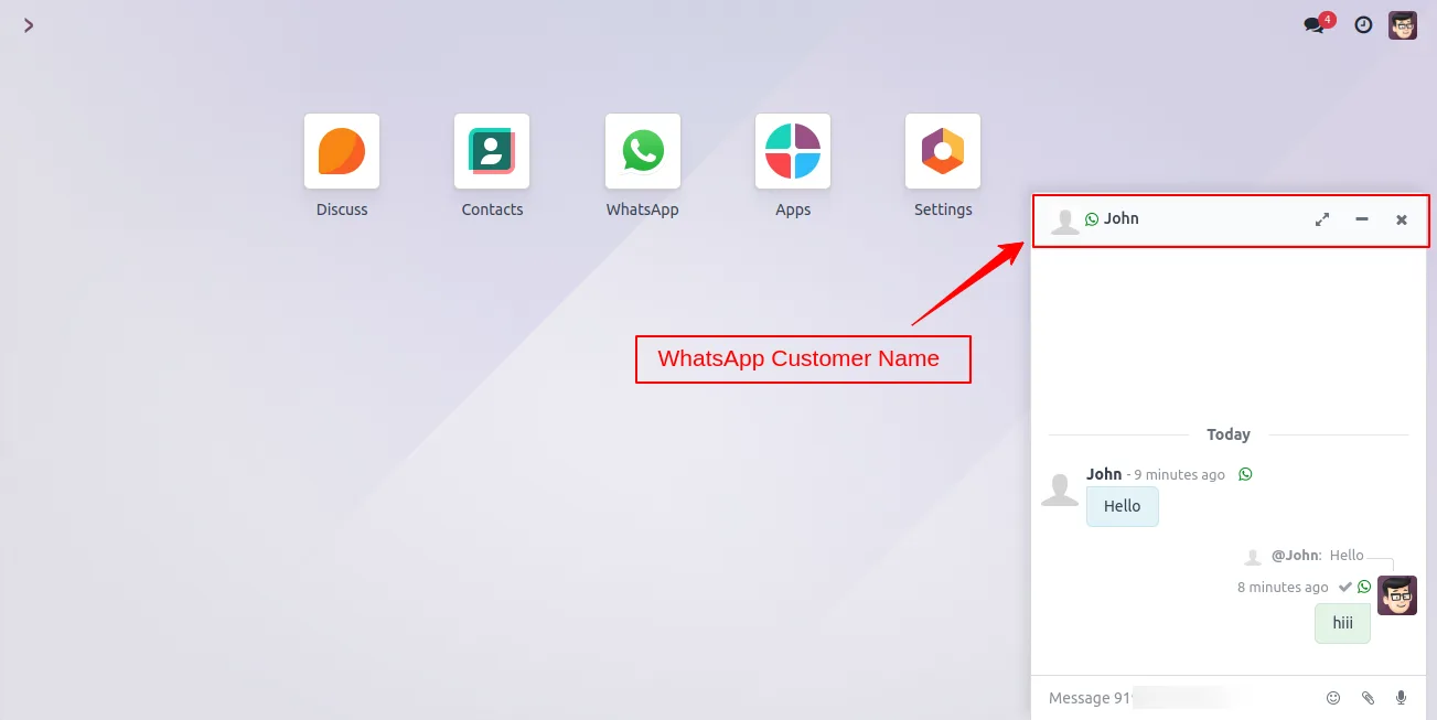 An Odoo chatter entry for an incoming WhatsApp message tagged with the customer name