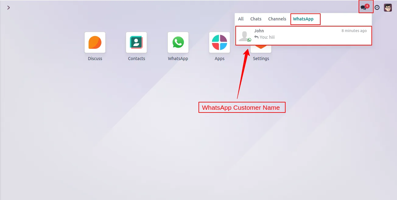 A WhatsApp notification toast inside the Odoo web client with the contact name highlighted