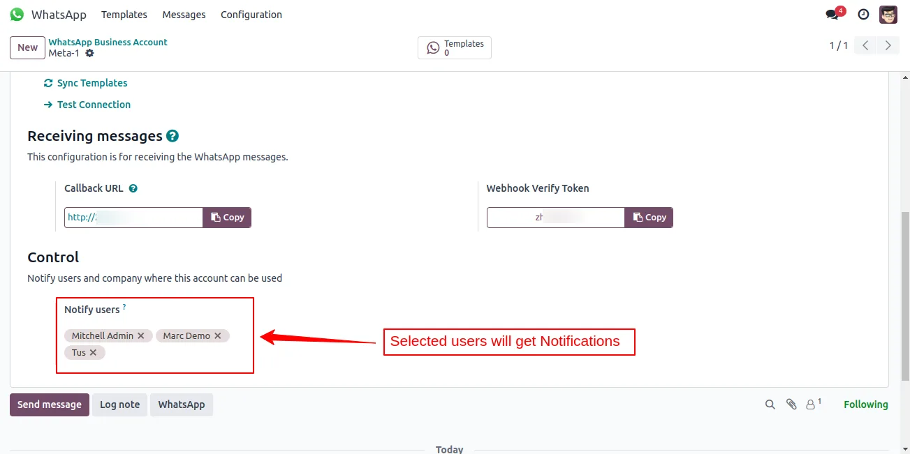 Browser push permission accepted for WhatsApp notifications from Odoo