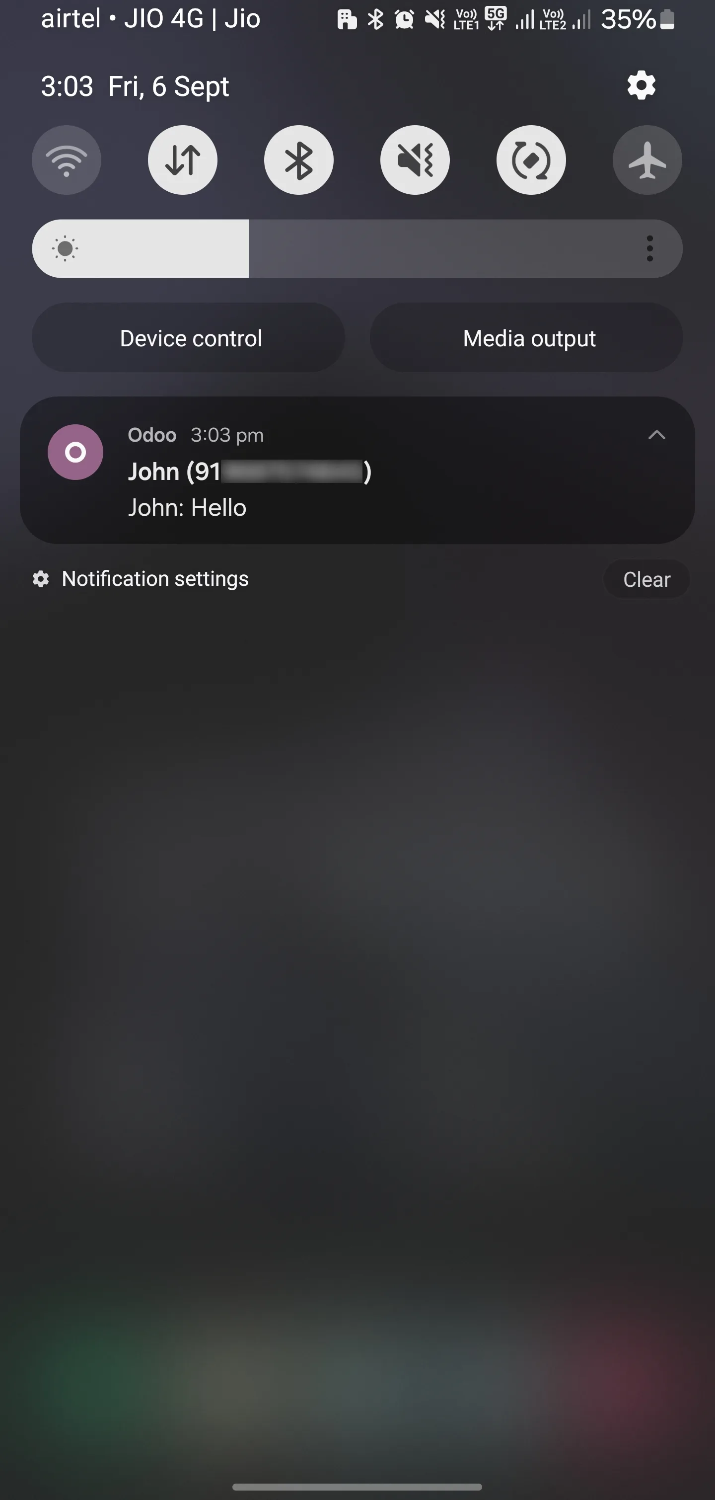 A WhatsApp message push notification on the Odoo mobile app