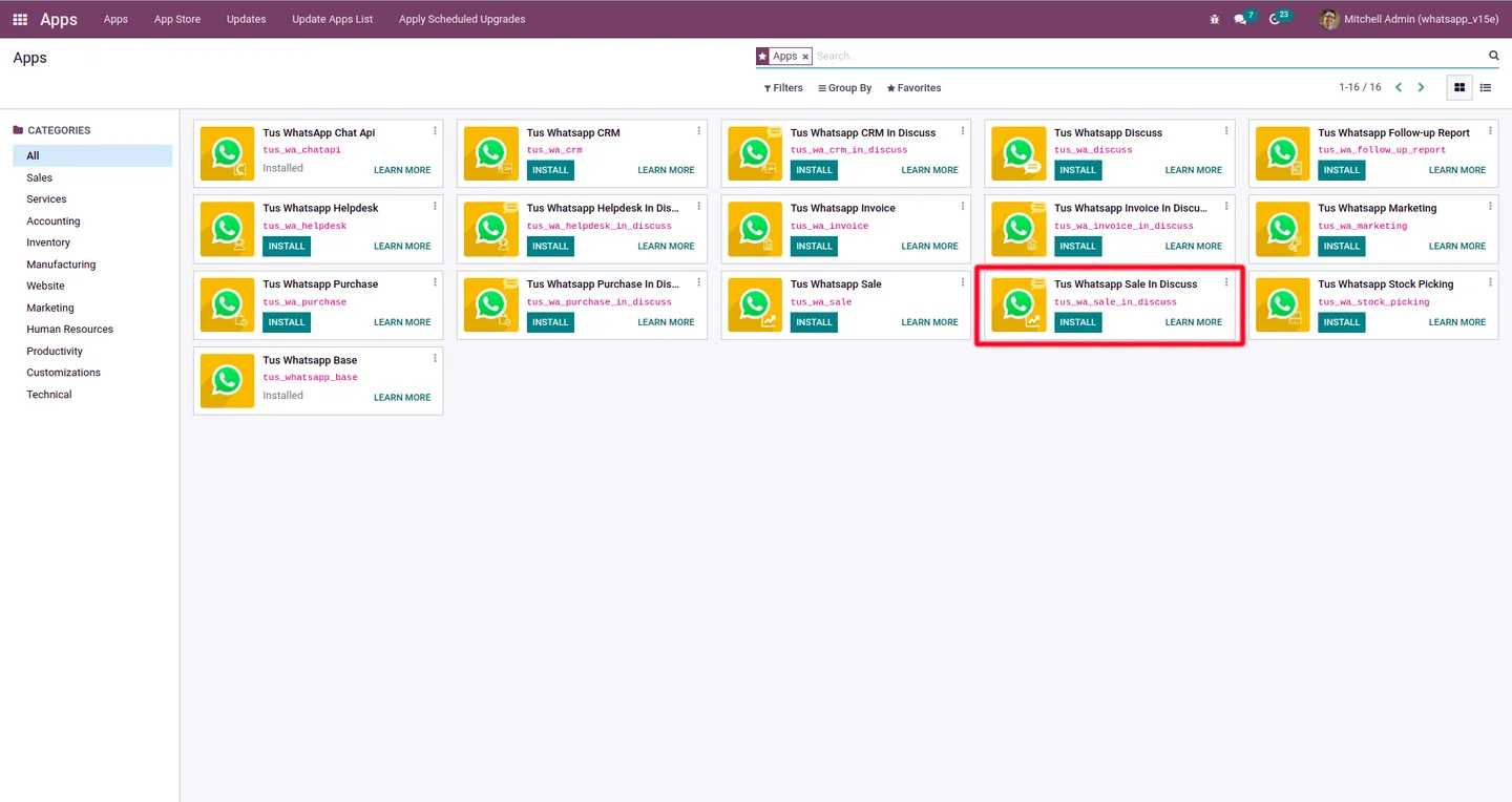 Sales tab inside Odoo Discuss listing quotations and SOs for the WhatsApp contact