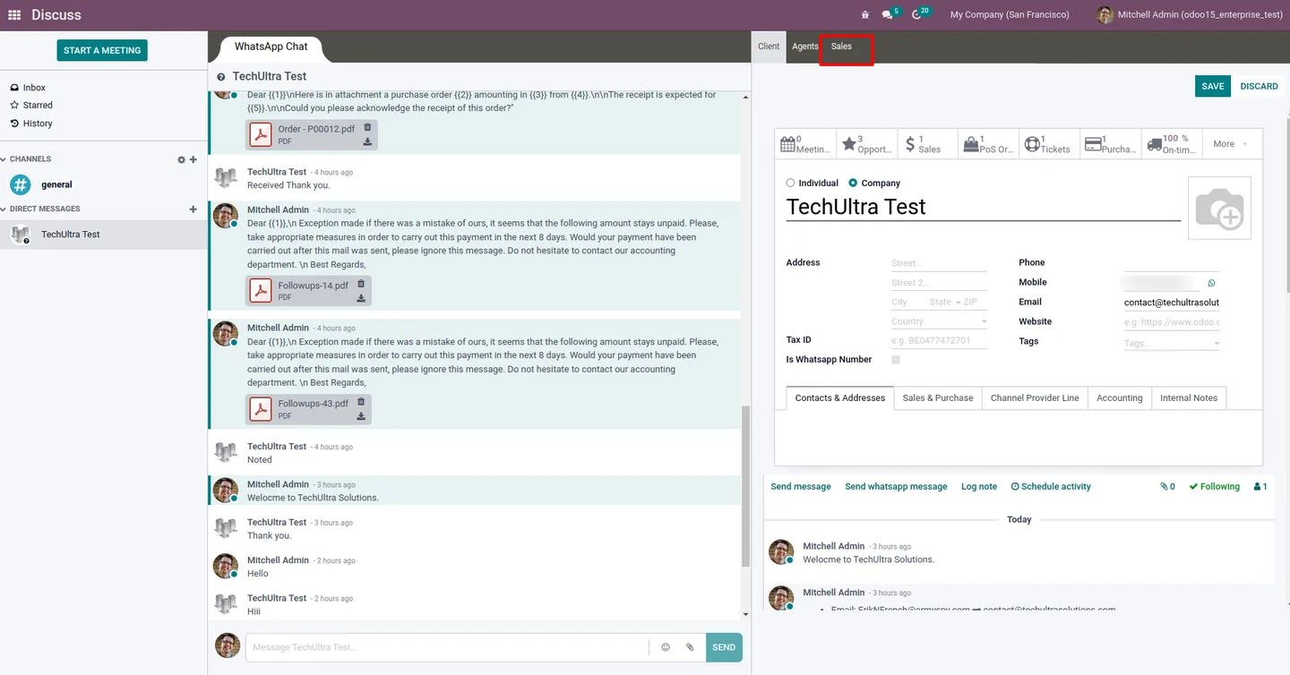 Creating a new sales order directly from the Discuss WhatsApp tab