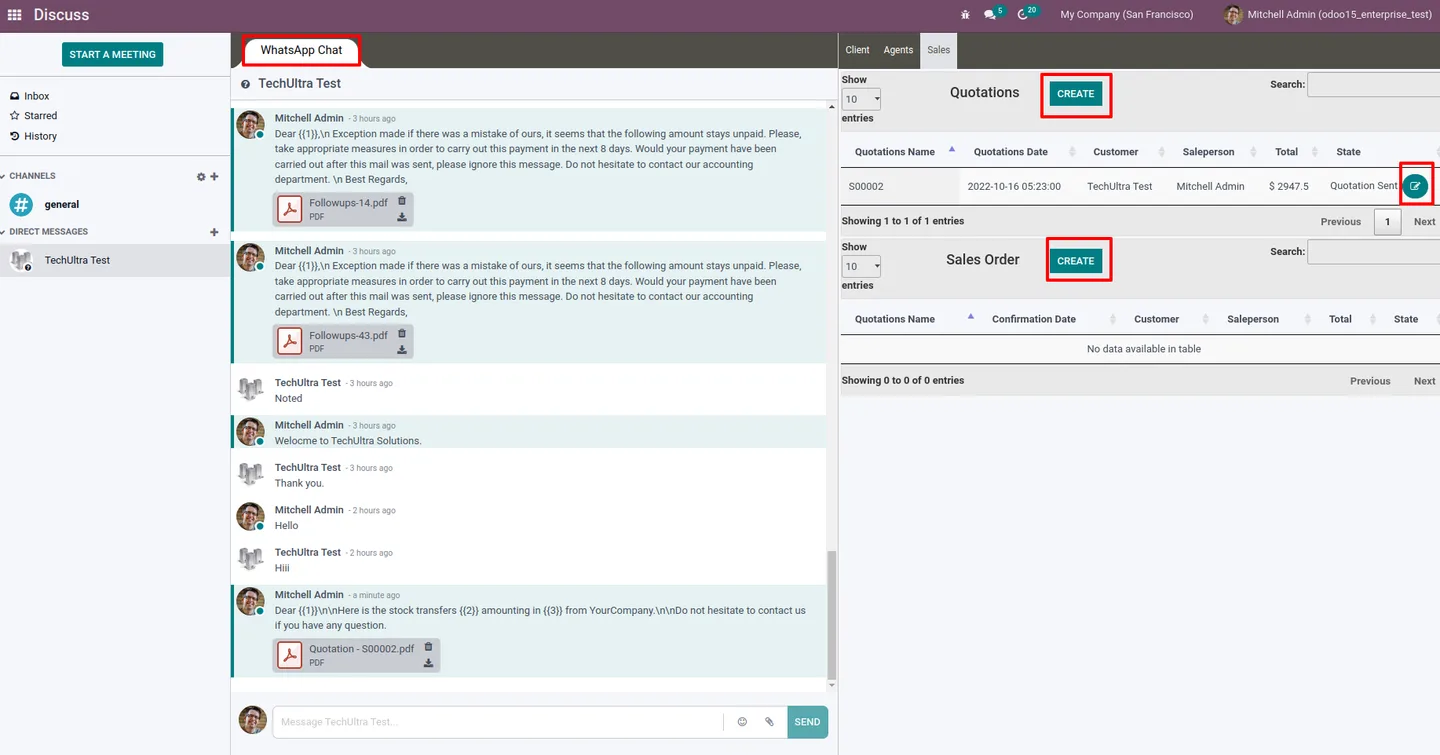 Filtering quotations and sales orders inside the Discuss Sales tab
