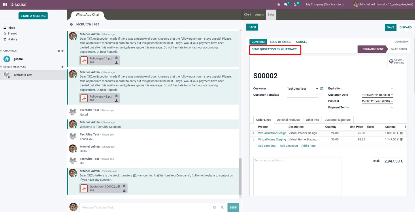 Editing an Odoo sales order from the Discuss WhatsApp tab