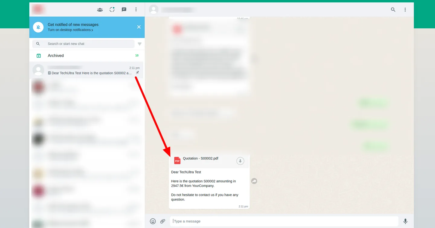Send By WhatsApp button on an Odoo sales order inside Discuss