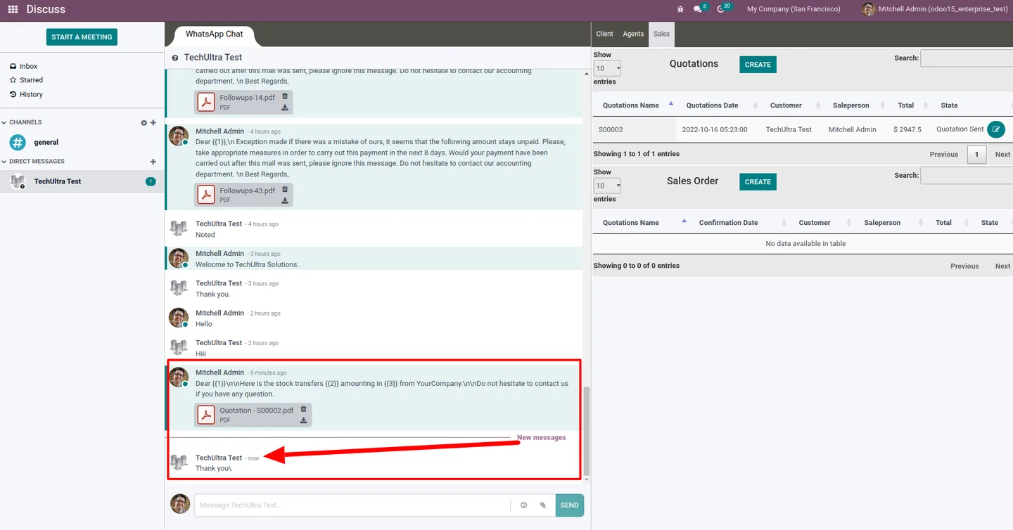 Sales order WhatsApp message sent through a dynamic template from Discuss