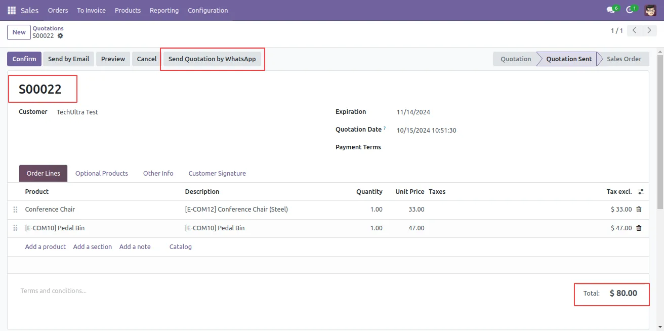 WhatsApp template composer opened from an Odoo quotation