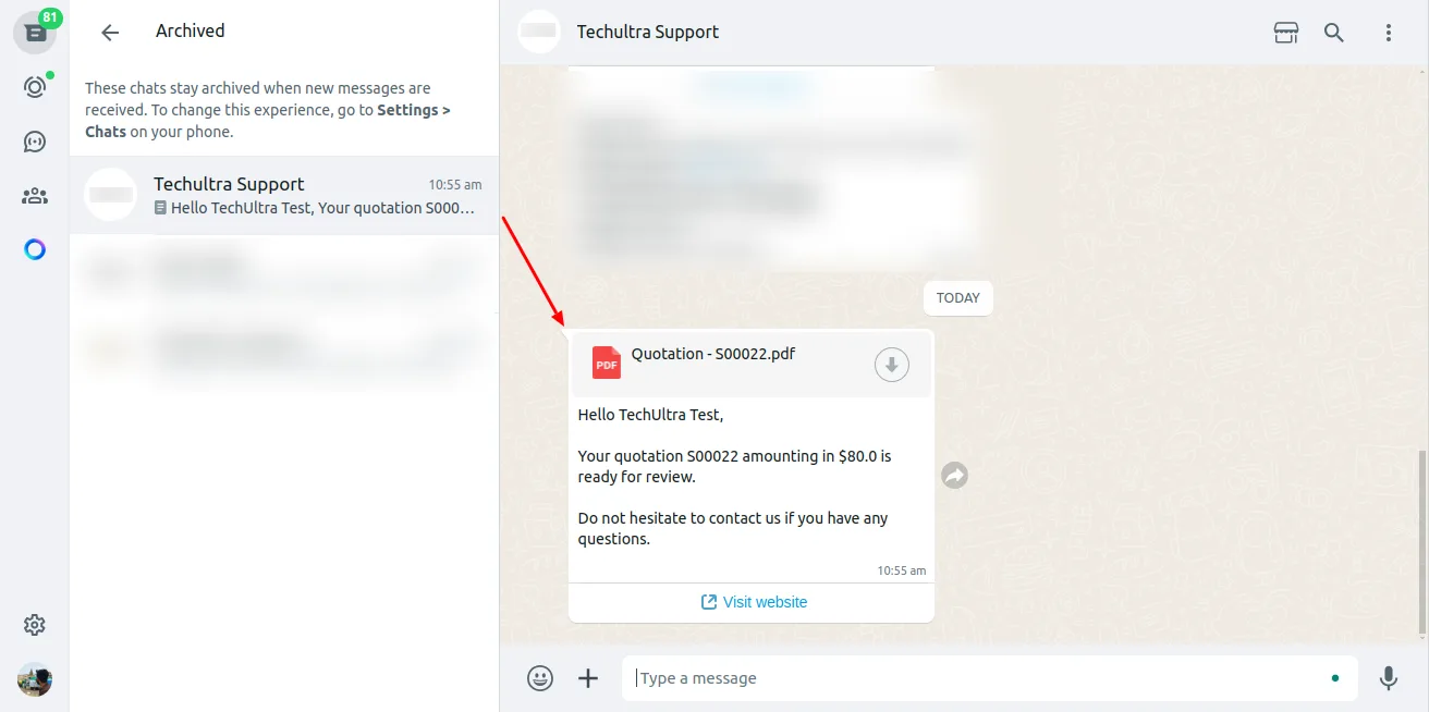 Customer reply threaded into the sales order chatter inside Odoo