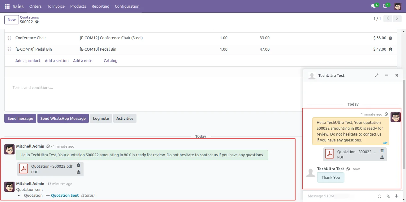 Full WhatsApp sales conversation captured on an Odoo sales order