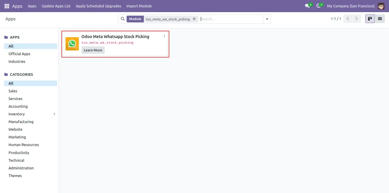 Stock picking in Odoo with the Send by WhatsApp button highlighted
