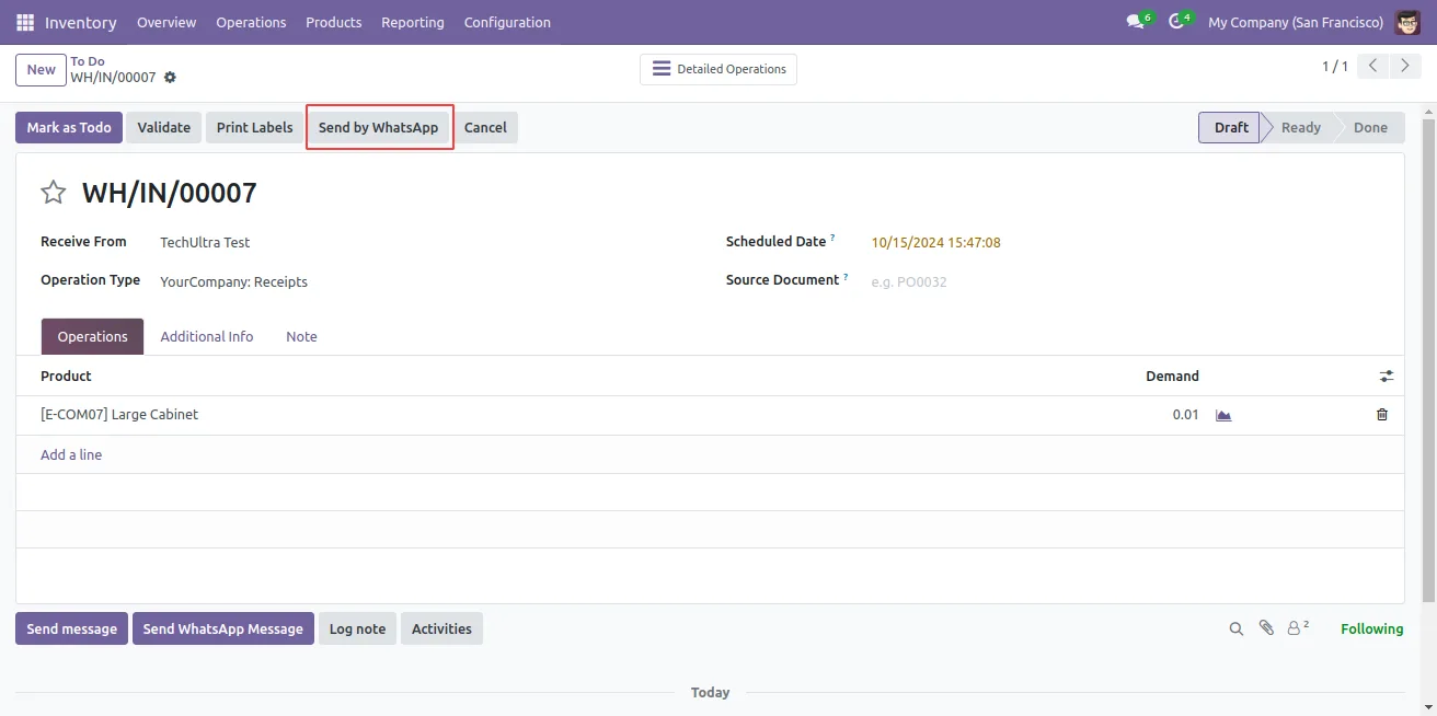 Delivery message ready to send to a customer's WhatsApp from Odoo