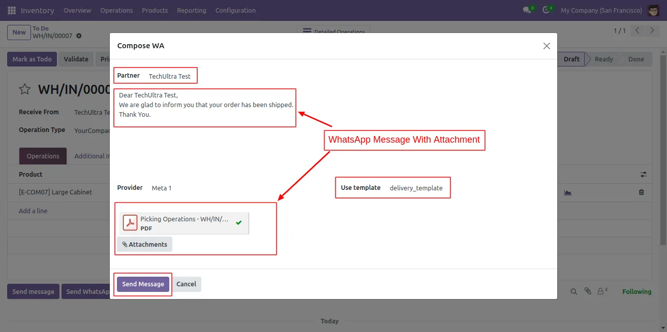 WhatsApp template composer opened from an Odoo stock picking