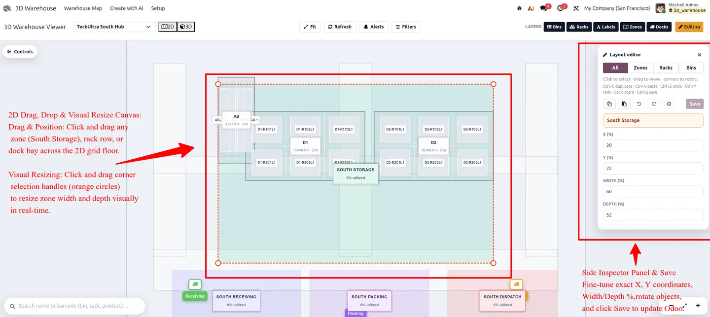 Drag-and-drop layout editor positioning zones and racks on a 2D warehouse grid in Odoo