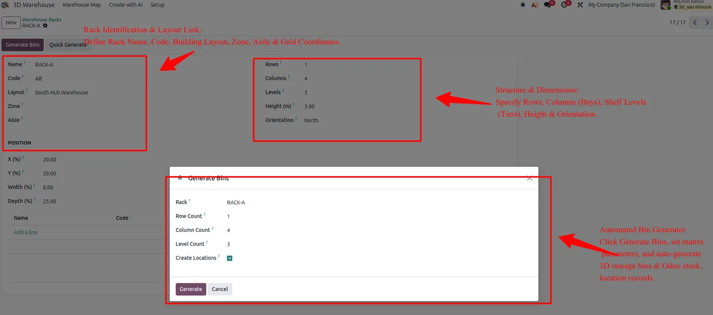 Automated rack and bin generator creating a multi-level bin matrix in Odoo