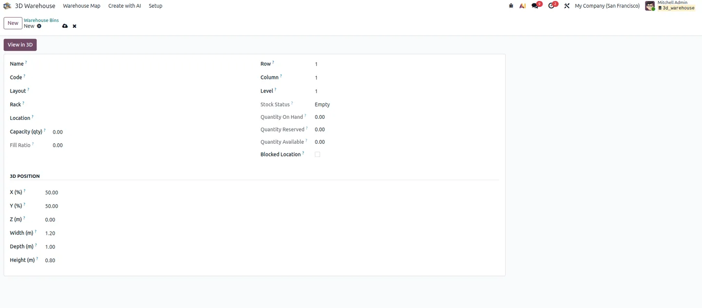 Bin-level view showing live product quantities and barcodes in the Odoo 3D warehouse
