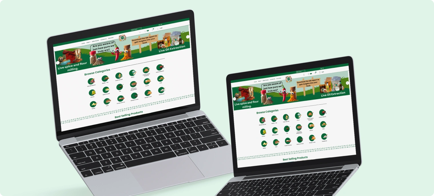 The Miller Stores premium food retail website on laptops — Odoo case study by TechUltra