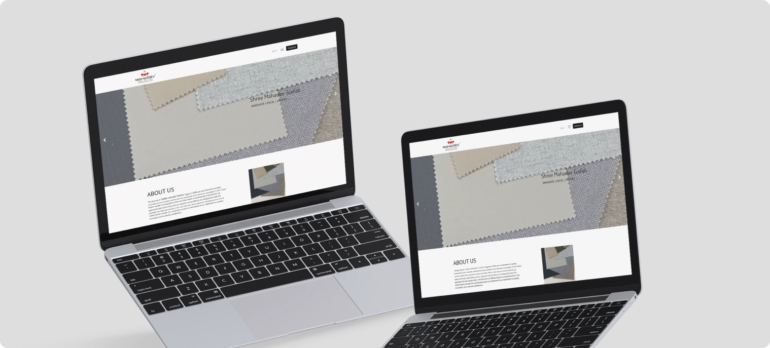 Shree Mahadev Tex Fab website on laptops — Odoo case study by TechUltra Solutions
