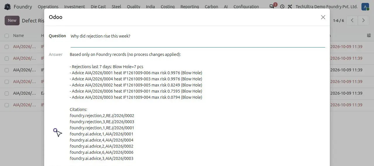 Ask Foundry AI in Odoo, demo data: the question why did rejection rise this week, answered from foundry records with blow-hole risk scores per heat and citations to the rejection and advice records used