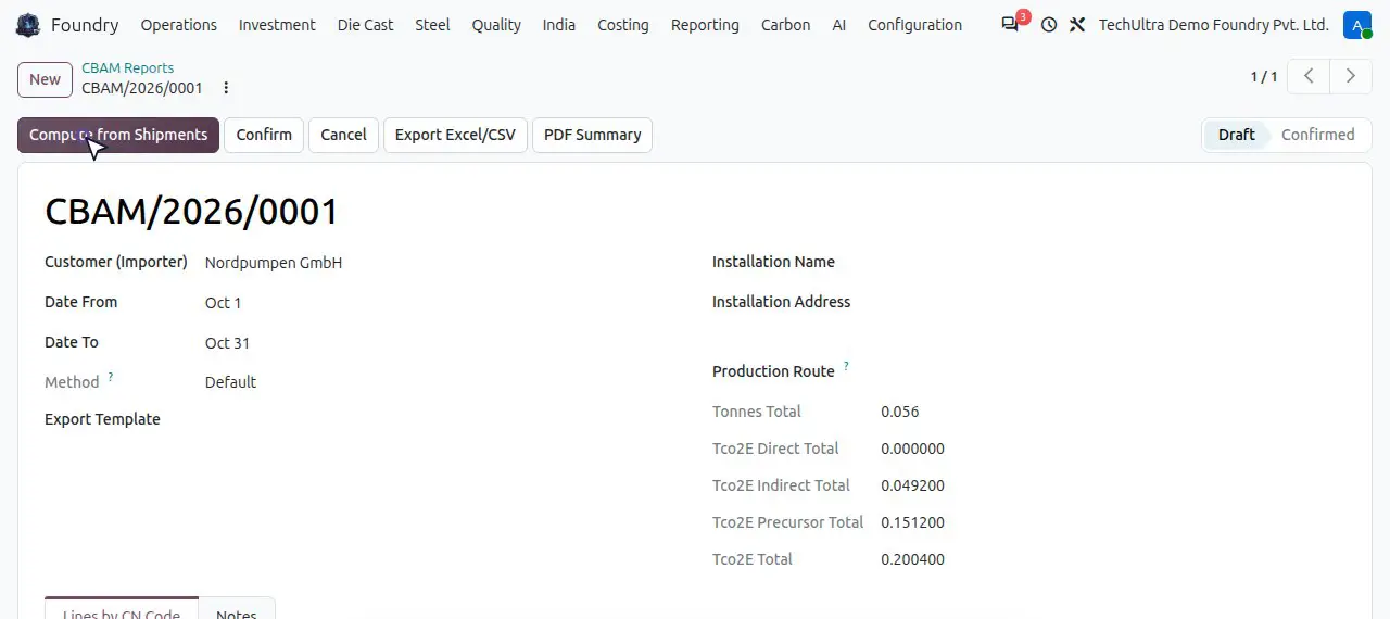 CBAM report CBAM/2026/0001 in TechUltra Foundry, demo data: a report for EU importer Nordpumpen GmbH for October, with tonnes and direct, indirect and precursor tCO2e totals, lines by CN code, and Excel / CSV and PDF export buttons