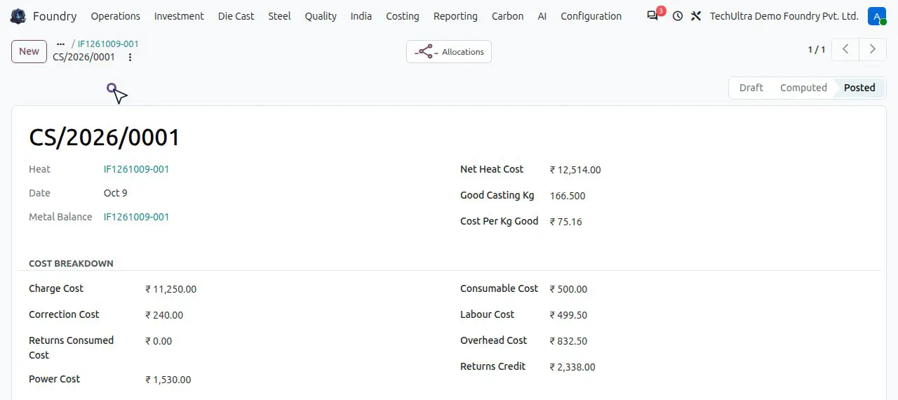 Cost sheet CS/2026/0001 in TechUltra Foundry, demo data: charge, correction, power, consumable, labour and overhead costs, a returns credit, net heat cost, good casting kilograms and cost per kilogram good