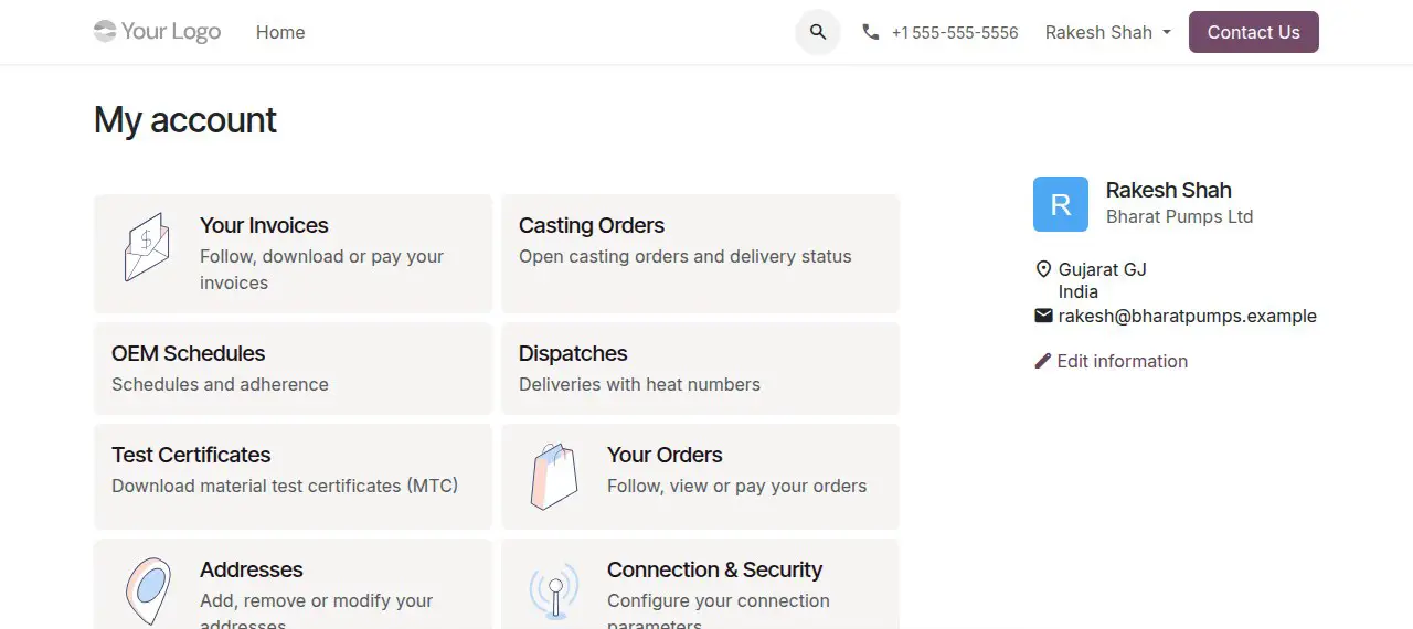TechUltra Foundry customer portal, demo data: a customer's My account page with cards for invoices, casting orders, OEM schedules, dispatches, test certificates, orders and addresses