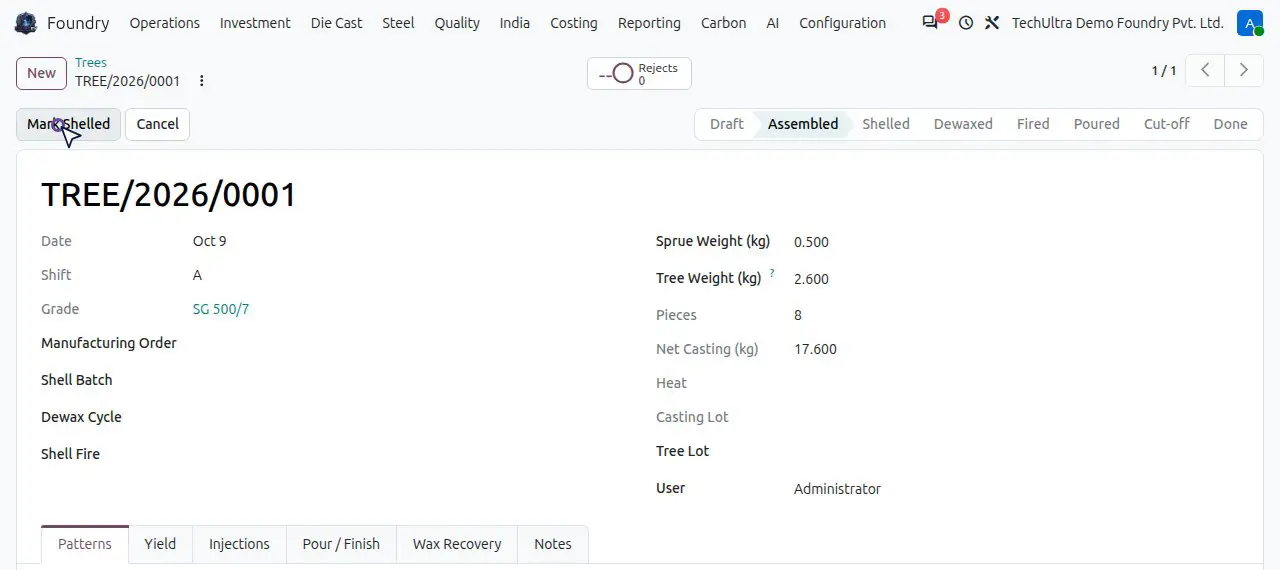 Investment casting tree TREE/2026/0001 in TechUltra Foundry, demo data: an assembled tree with sprue weight, tree weight and net casting weight, and tabs for patterns, shell, dewax and pour