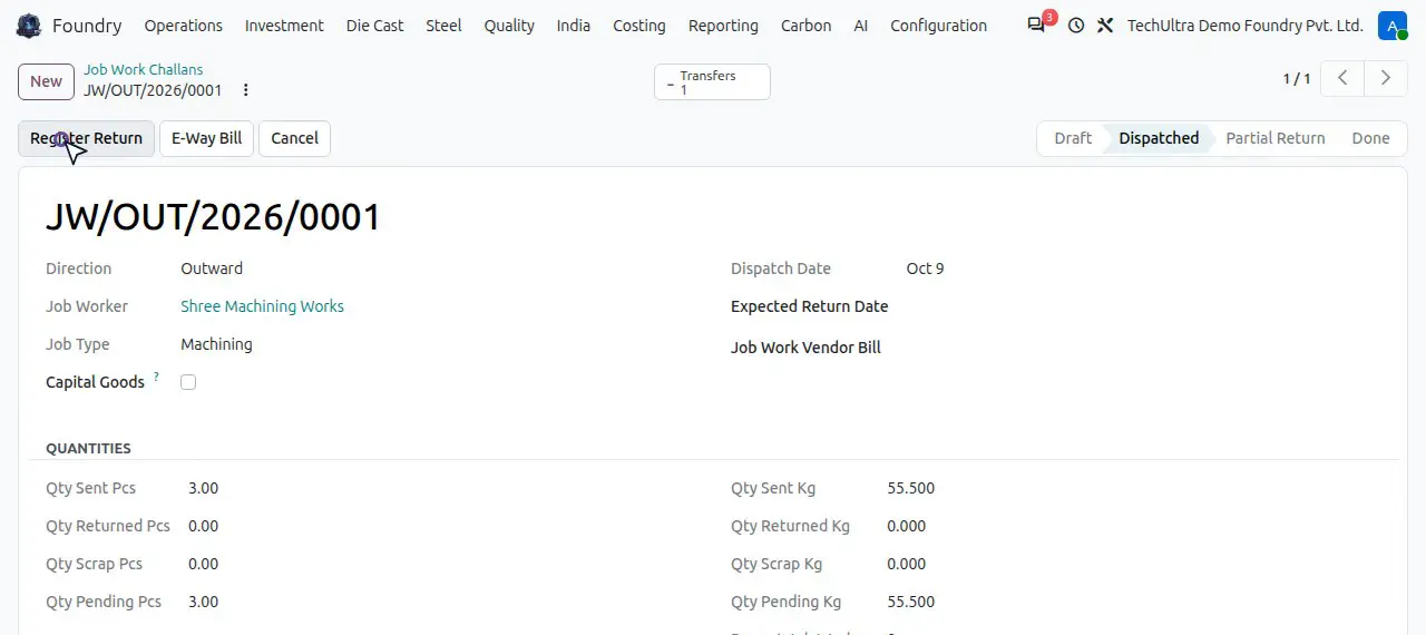 Outward job work challan JW/OUT/2026/0001 in TechUltra Foundry, demo data: three pump casings sent for machining to a job worker, with quantities and kilograms sent, returned, scrapped and pending