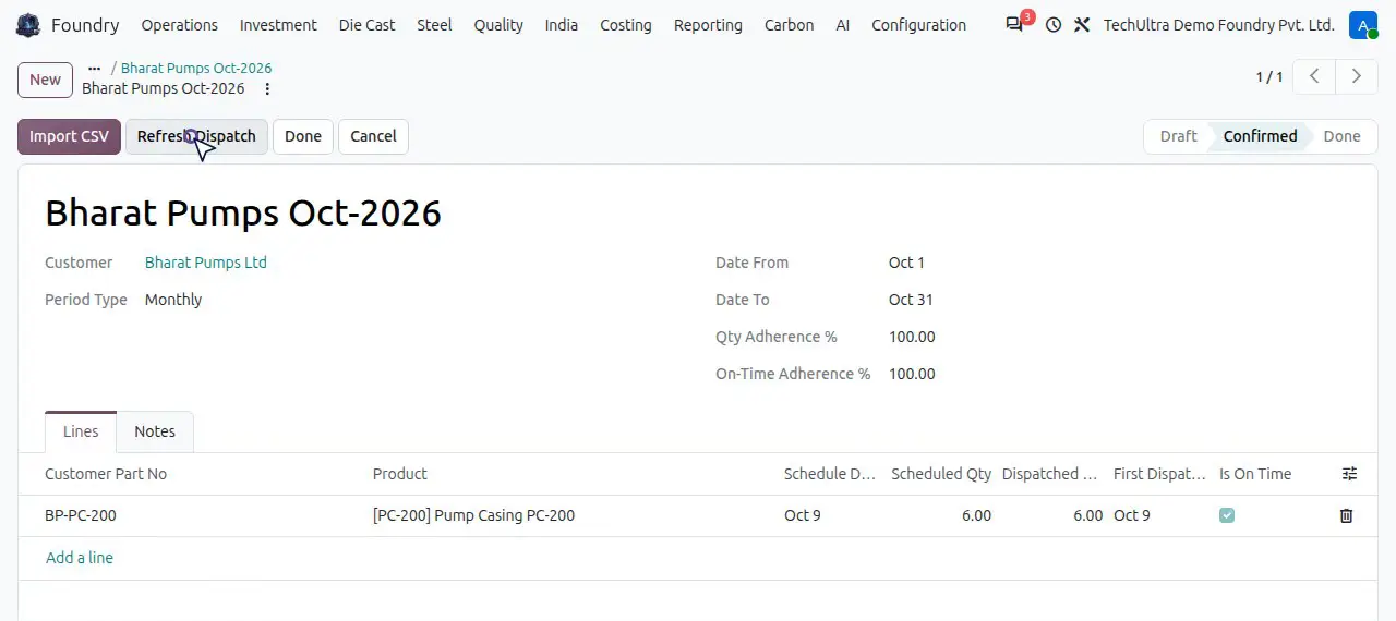 OEM schedule Bharat Pumps Oct-2026 in TechUltra Foundry, demo data: a monthly schedule with customer part number, product, scheduled and dispatched quantities, and quantity and on-time adherence