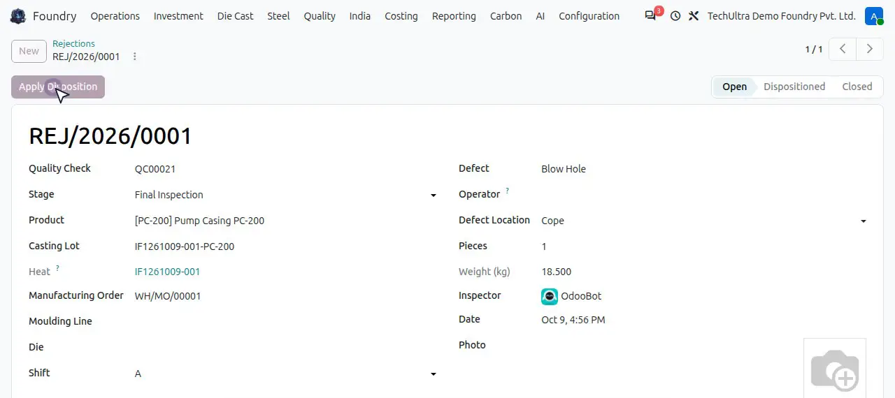Rejection REJ/2026/0001 in TechUltra Foundry, demo data: a blow hole on the cope of a pump casting at final inspection, linked to casting lot IF1261009-001-PC-200, its heat and its manufacturing order