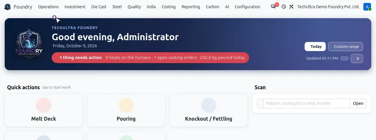 TechUltra Foundry Shop Floor Home in Odoo 20, demo data: a status bar showing heats on the furnace, open casting orders and kilograms poured today, with quick actions for Melt Deck, Pouring, Knockout / Fettling, Rejection and Pattern Issue / Return
