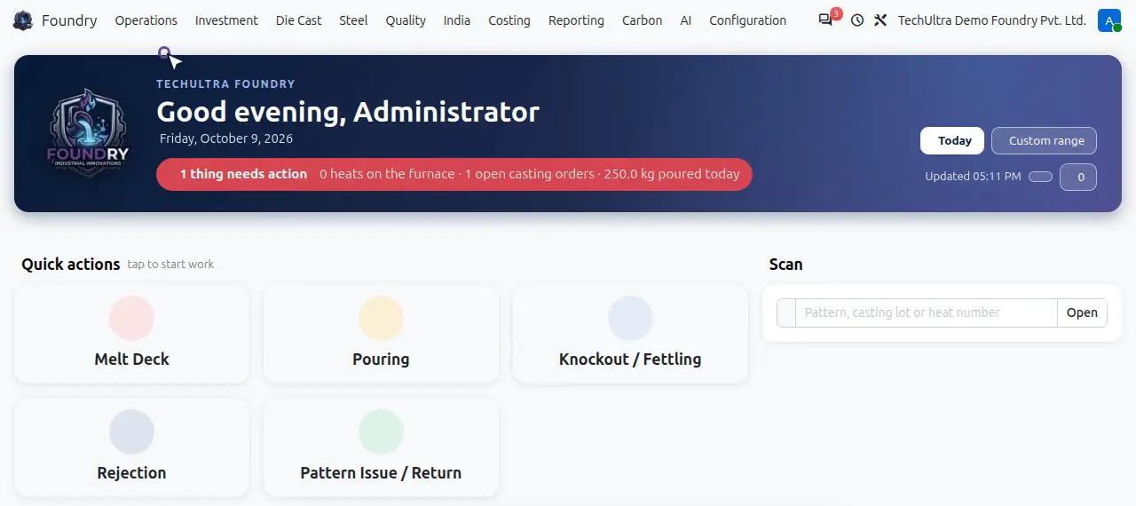 TechUltra Foundry Shop Floor Home in Odoo, demo data: an alert bar reading 1 thing needs action, with heats on the furnace, open casting orders and 250 kg poured today, quick-action tiles and a scan box for pattern, casting lot or heat number