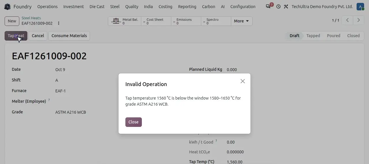 Steel heat EAF1261009-002 in TechUltra Foundry, demo data: Odoo blocking the tap with the message that a tap temperature of 1560 °C is below the 1580 to 1650 °C window for grade ASTM A216 WCB
