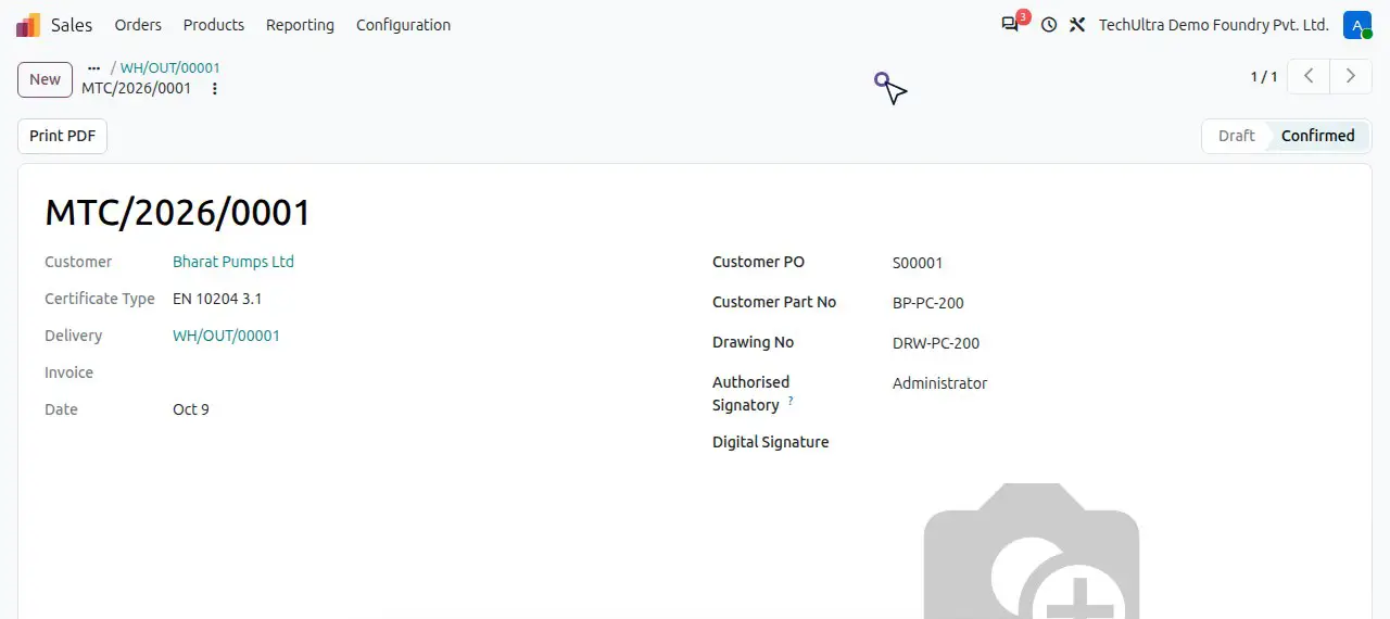 Material test certificate MTC/2026/0001 in TechUltra Foundry, demo data: certificate type EN 10204 3.1 for Bharat Pumps Ltd, linked to delivery WH/OUT/00001, with customer PO, customer part number and drawing number