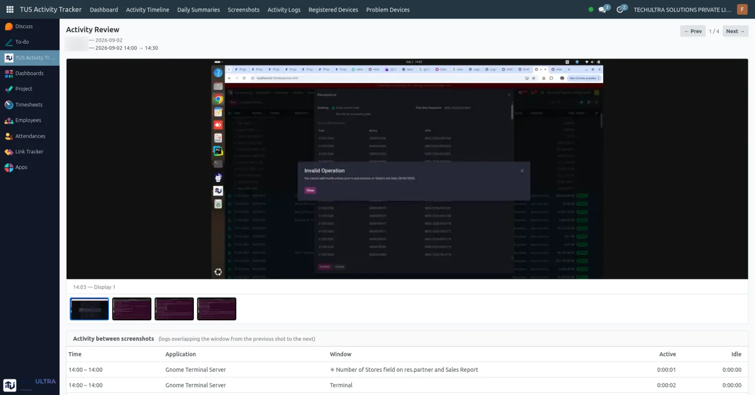 Periodic multi-monitor screenshot capture in Odoo with User, Manager and Admin access rules
