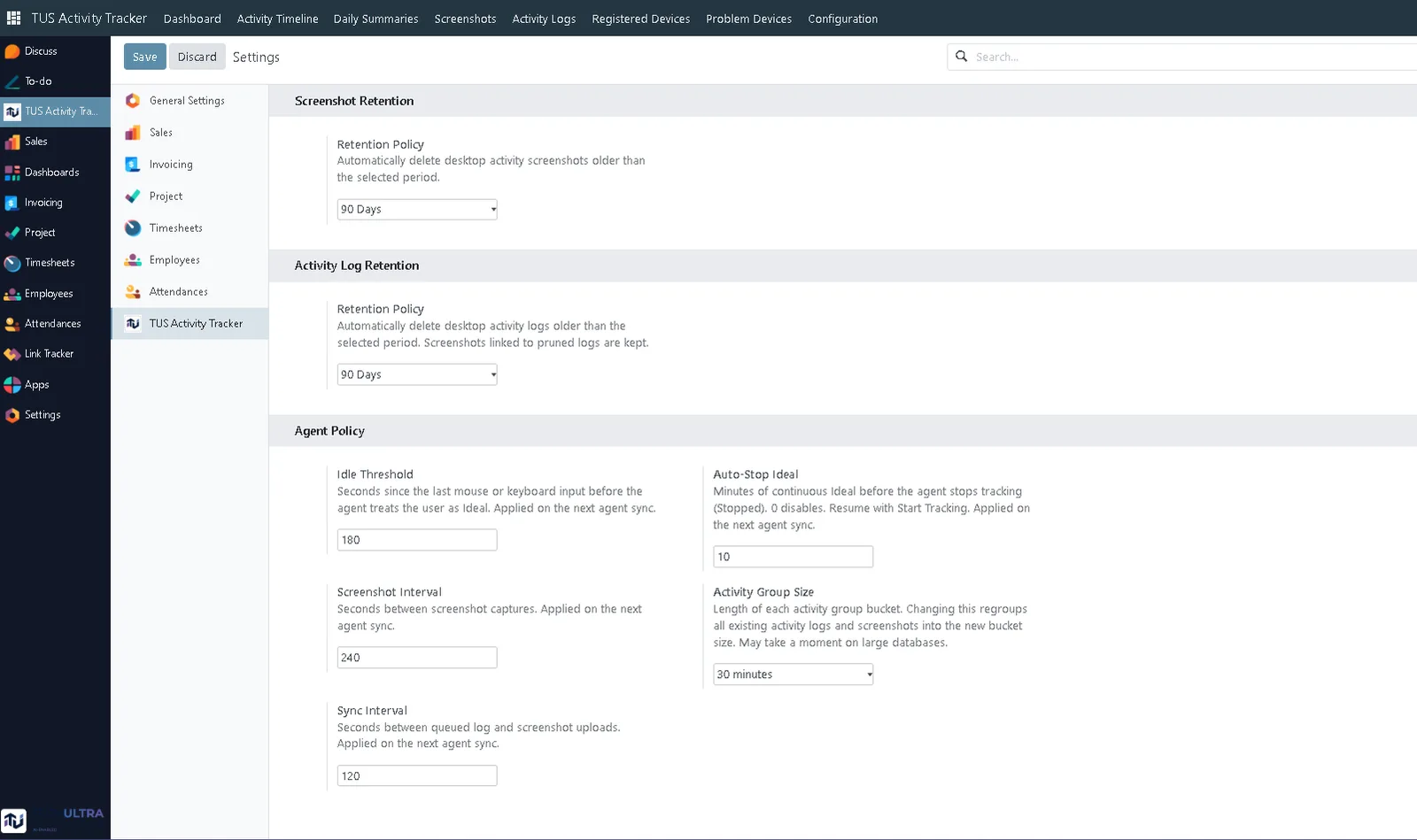 TUS Activity Tracker settings in Odoo, where idle threshold, screenshot interval, sync and retention are configured once for every machine