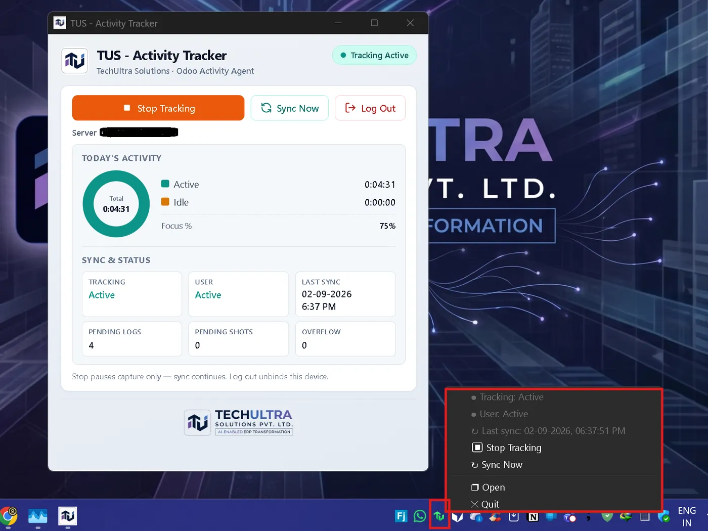 The TUS - Activity Tracker desktop agent showing today's active and idle time, sync status and queued logs, with its Windows tray menu open alongside it