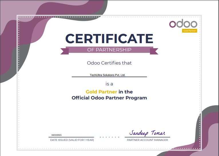 Odoo Gold Partner Certificate